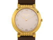 DIOR　ディオール　57.121　シルバー文字盤　GP/革　クォーツ　レディース腕時計【207】2143200637985