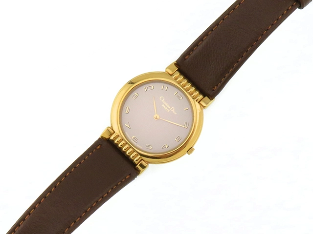 DIOR　ディオール　57.121　シルバー文字盤　GP/革　クォーツ　レディース腕時計【207】2143200637985