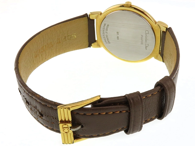 DIOR　ディオール　57.121　シルバー文字盤　GP/革　クォーツ　レディース腕時計【207】2143200637985