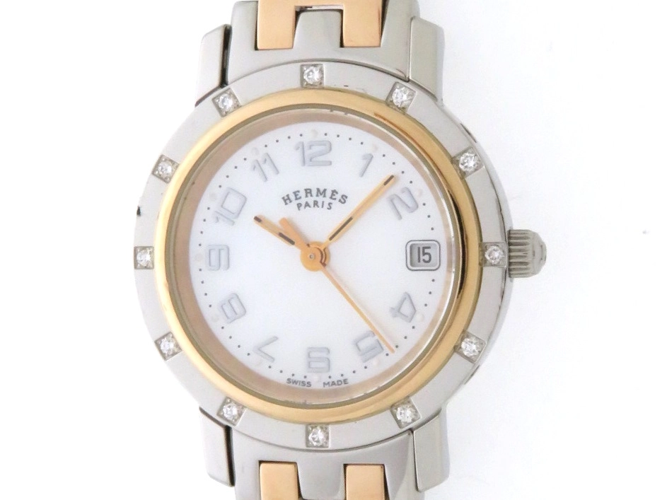 HERMES エルメス レディース腕時計 クリッパー ナクレ CL4.221 ピンクシェル文字盤 クォーツ 仕上げ済24mmケース厚
