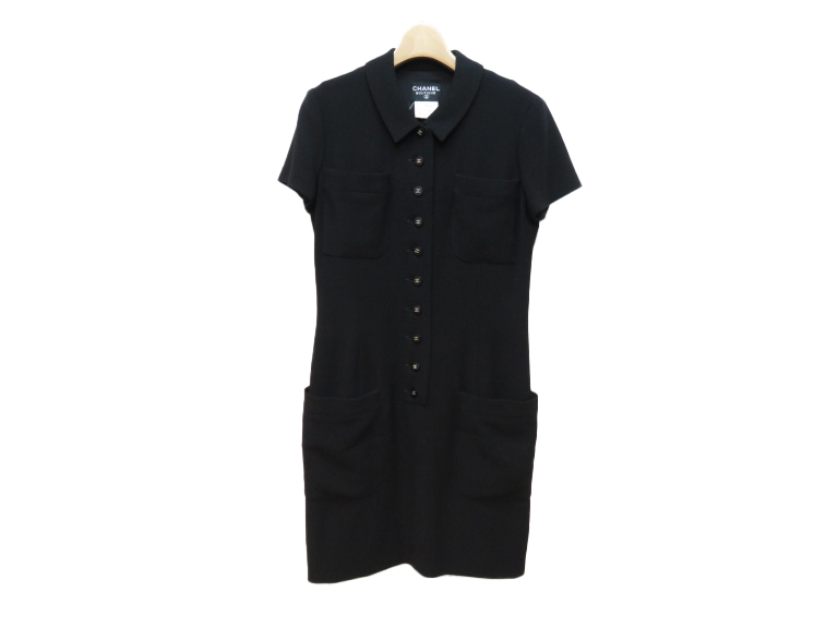 CHANEL シャネル 半袖ワンピース レディース38 ブラック ウール