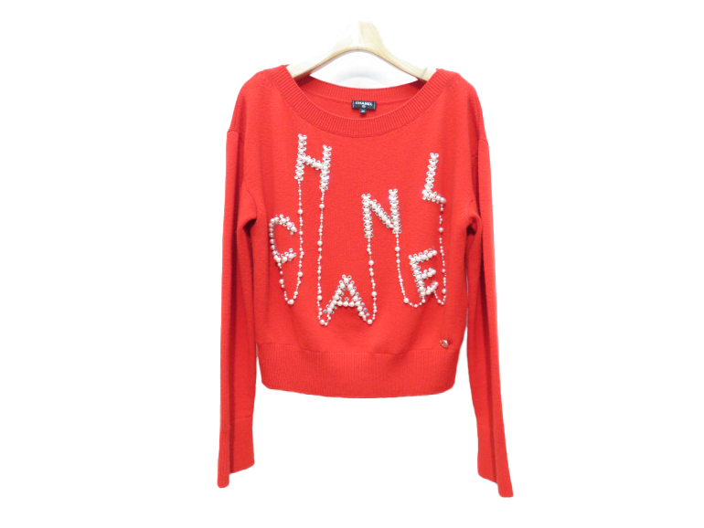 【超大特価】シャネル　ノースリーブ　ニット　赤　カシミア CHANEL シャネル ロゴパールビジューニット レディース38 レッド
