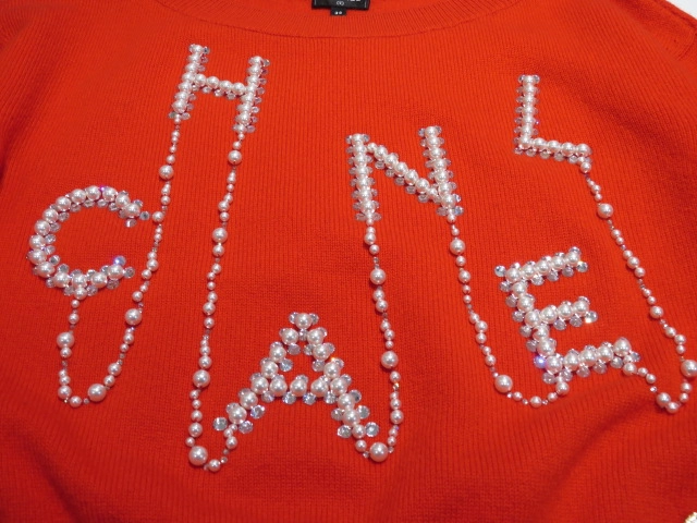 CHANEL　シャネル　ロゴパールビジューニット　レディース38　レッド　カシミヤ　P70834K10086 NC332　2148103931888　【432】