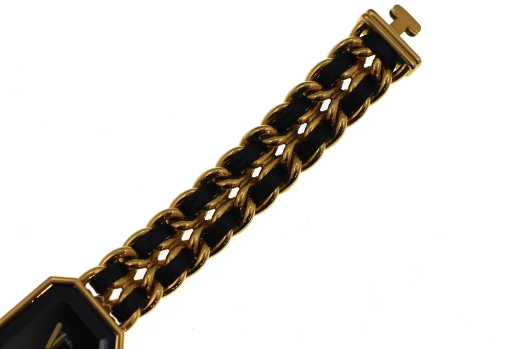 CHANEL シャネル 腕時計 プルミエールL H0001 ゴールドメッキ/革 ブラック文字盤 Lサイズ クオーツ【472】SJ