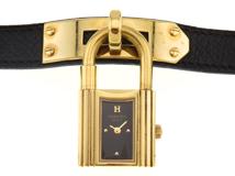 HERMES　エルメス　ケリーウォッチ　KE1.201　ブラック文字盤　ゴールドメッキ/革    クォーツ　レディース時計【207】2148103970771