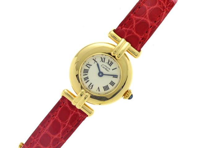Cartier　カルティエ　マストコリゼ　クオーツ　電池式　アイボリー　シルバー　GP　革ベルト　女性用腕時計　【473】