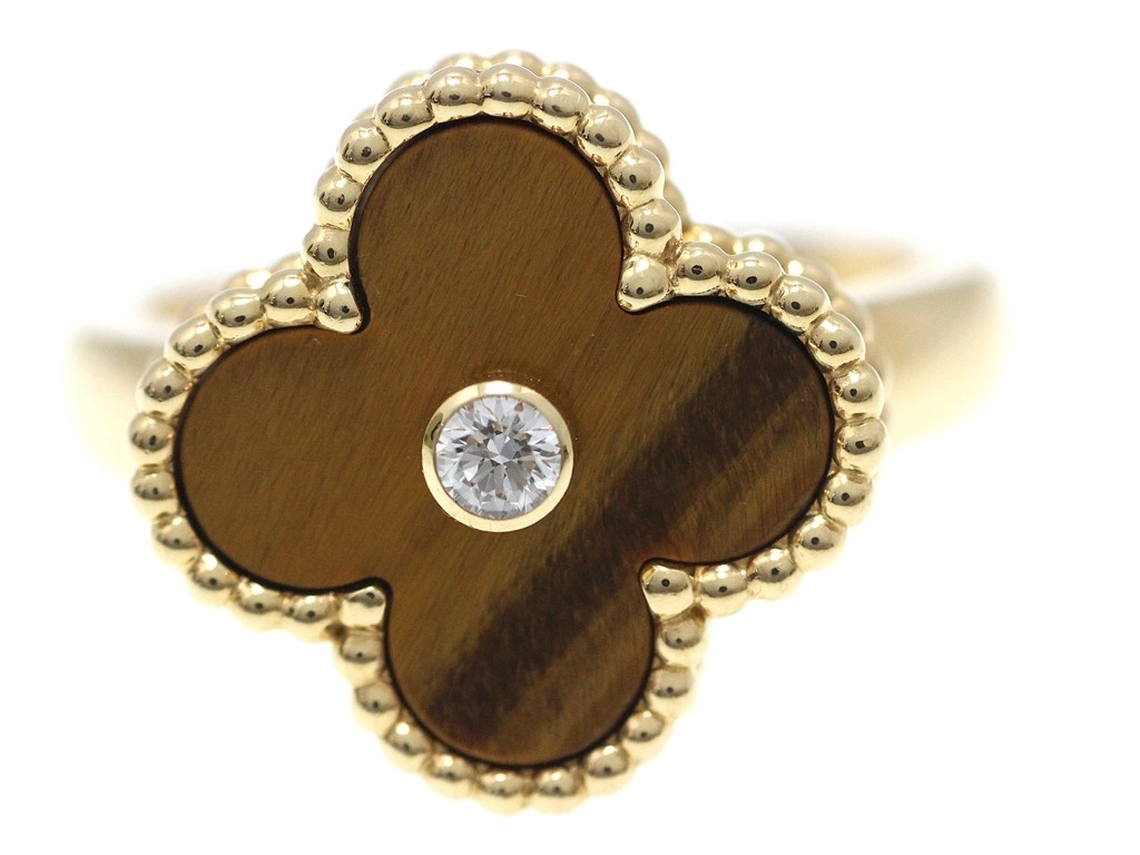 Van Cleef & Arpels ヴァンクリーフ&アーペル ヴィンテージアルハンブラ リング 50号 VCARD40900 K18イエローゴールド/タイガーズアイ/ダイヤモンド 【472】SJ