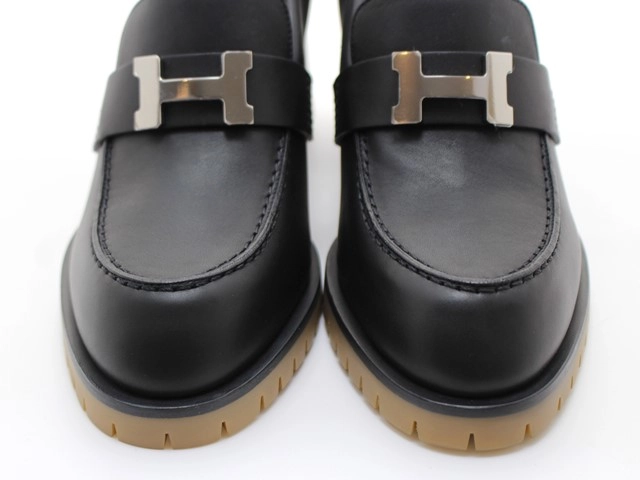 HERMES エルメス 靴 ヒール付きローファー レディース37ハーフ(約24~24,5cm) ブラック/SV レザー (2148103801167) 【200】