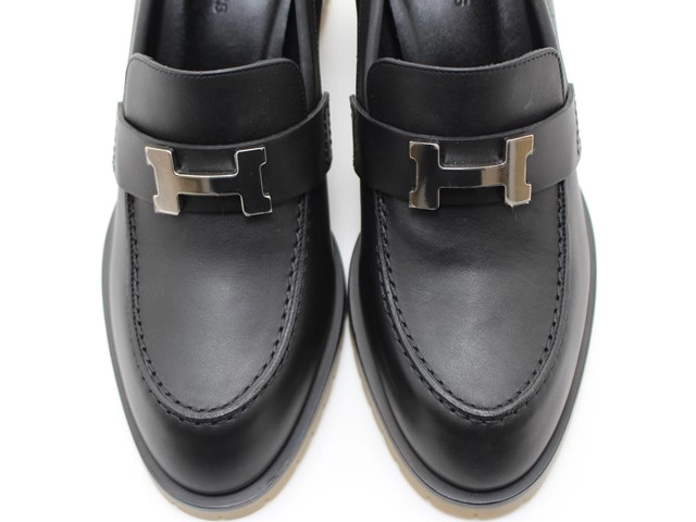 HERMES エルメス 靴 ヒール付きローファー レディース37ハーフ(約24~24,5cm) ブラック/SV レザー (2148103801167) 【200】