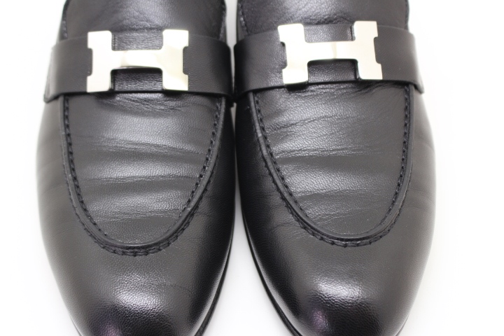 HERMES エルメス 靴 モカシン パリ レディース37 ブラック シルバー