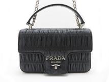 PRADA　プラダ　ギャザー　チェーンショルダー　ブラック　カーフ　2148103818677【437】