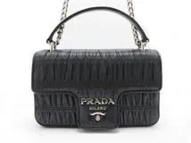 PRADA　プラダ　ギャザー　チェーンショルダー　ブラック　カーフ　2148103818677【437】