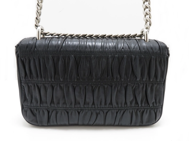 PRADA　プラダ　ギャザー　チェーンショルダー　ブラック　カーフ　2148103818677【437】