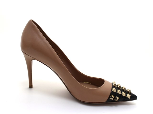 VALENTINO バレンチノ 靴 ロックスタッズパンプス レディース36ハーフ(約23~23.5cm) ベージュ ブラック カーフ WW0S0DF8 (2143000711885) 【200】