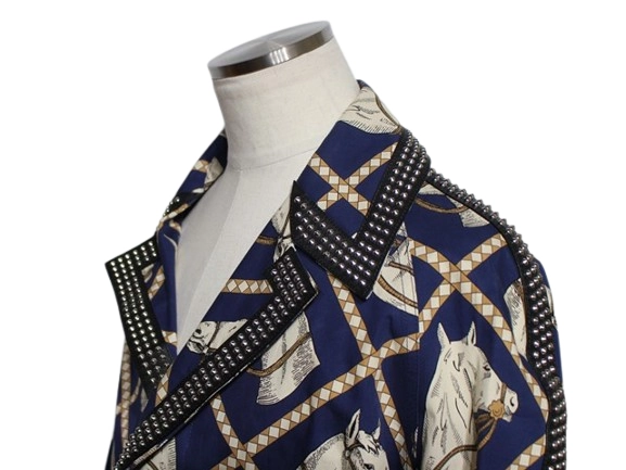 GUCCI グッチ スタッズロングコート メンズ46 ネイビー/ホワイト/ブラック コットン 716220Z8A6L 2143000712721 【432】