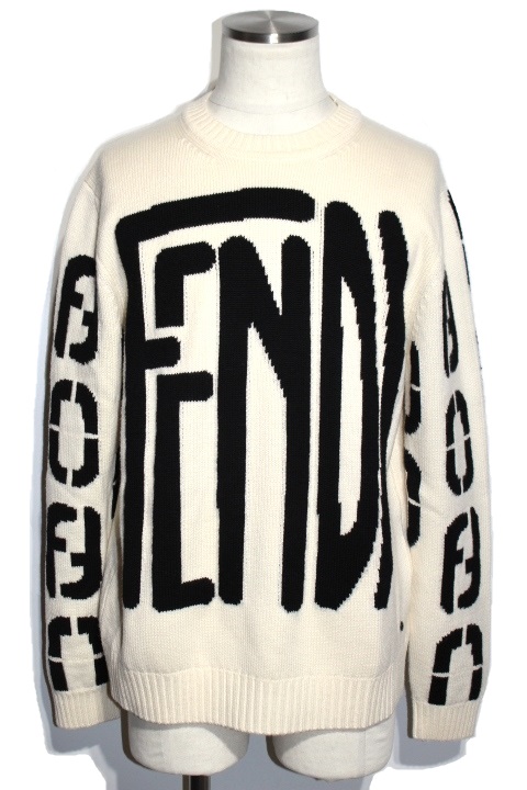 50【フェンディ】メンズ ウール ロゴ ニット セーター ブラック FENDI