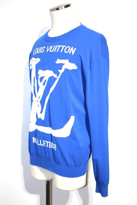 LOUIS VUITTON ルイヴィトン 衣類 LV スクリブルインターシャ クルーネックニット セーター メンズＭ／ブルー／ロゴ／レーヨン