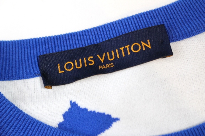 LOUIS VUITTON ルイヴィトン 衣類 LV スクリブルインターシャ クルーネックニット セーター メンズＭ／ブルー／ロゴ／レーヨン