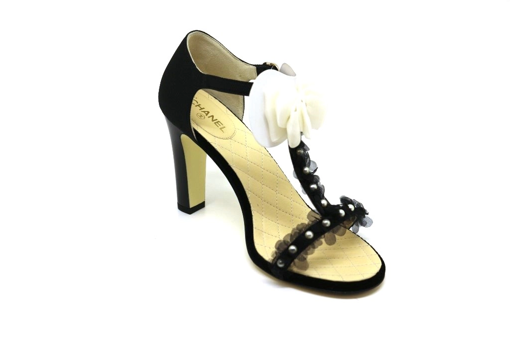 CHANEL シャネル サンダル レディース37C ブラック ベロア ファブリック フェイクパール