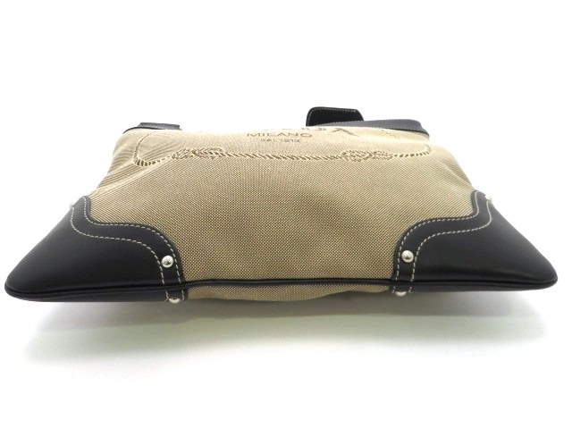 PRADA プラダ ロゴジャガード ショルダーバッグ ベージュ ブラック キャンバス レザー【473】