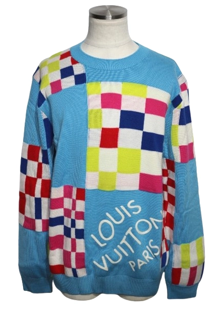 LOUIS VUITTON ルイ・ヴィトン 衣類 ディストーテッドジャイアントダミエクルーネック メンズXL ブルー ウール 1A8P48 参考定価:\180,400- 2143000518873 【200】