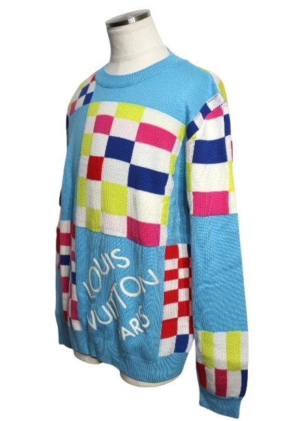 LOUIS VUITTON ルイ・ヴィトン 衣類 ディストーテッドジャイアントダミエクルーネック メンズXL ブルー ウール 1A8P48 参考定価:\180,400- 2143000518873 【200】