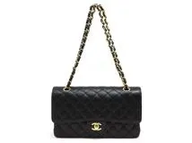 CHANEL シャネル マトラッセWフラップ25 Wチェーンショルダーバッグ A01112 ブラック GP ゴルード金具 キャビア 2120000316302【200】