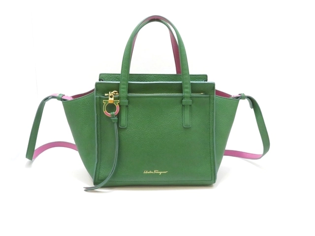 Salvatore Ferragamo　フェラガモ　ガンチーニ　２Wayバッグ　グリーン/ピンク　レザー【430】2148103849039