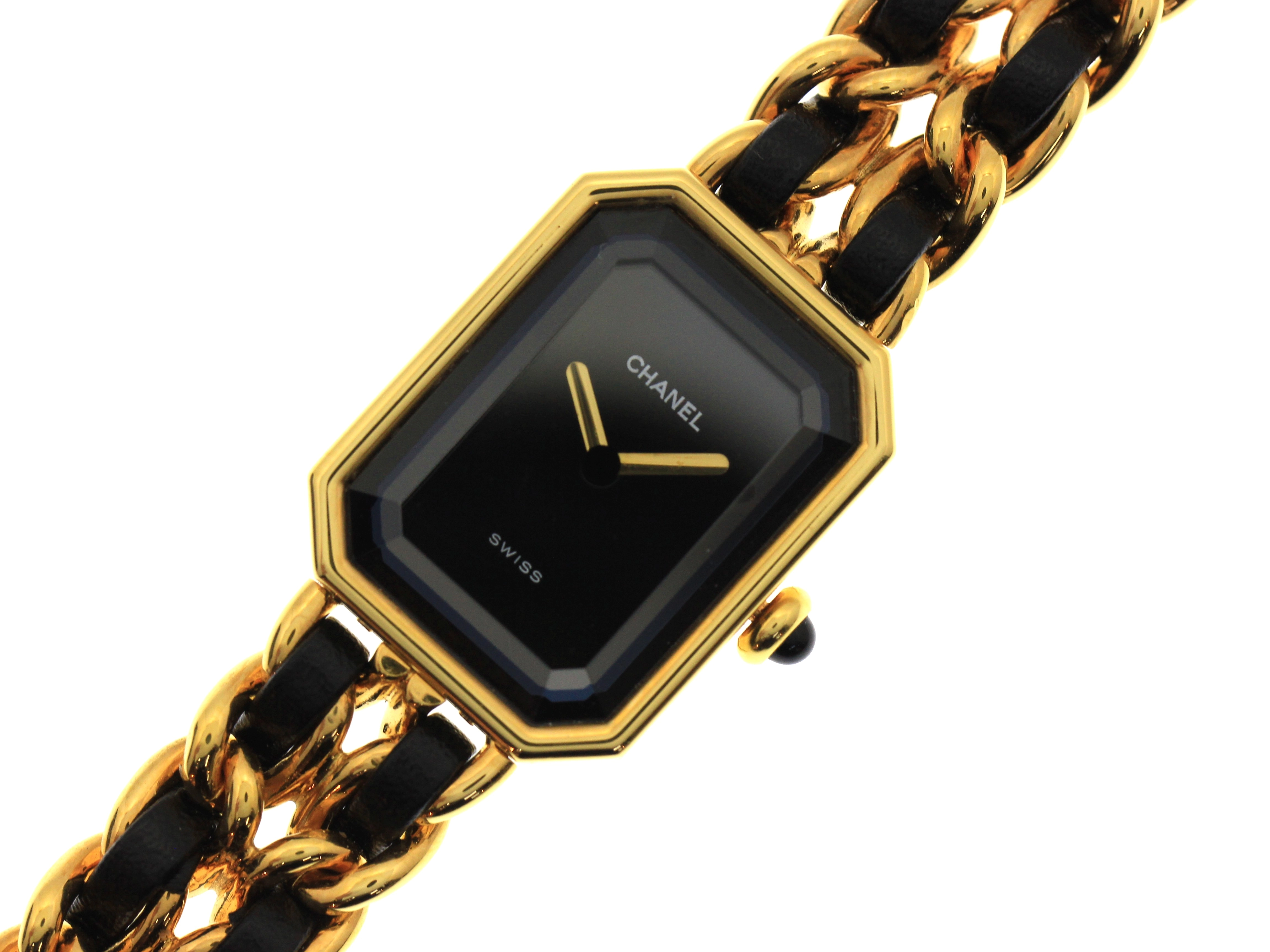 CHANEL シャネル 腕時計 プルミエールS H0001 ゴールドプレーテッド/社外革ベルト ブラック文字盤 クォーツ【472】UH