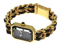 CHANEL シャネル 腕時計 プルミエールS H0001 ゴールドプレーテッド/社外革ベルト ブラック文字盤 クォーツ【472】UH