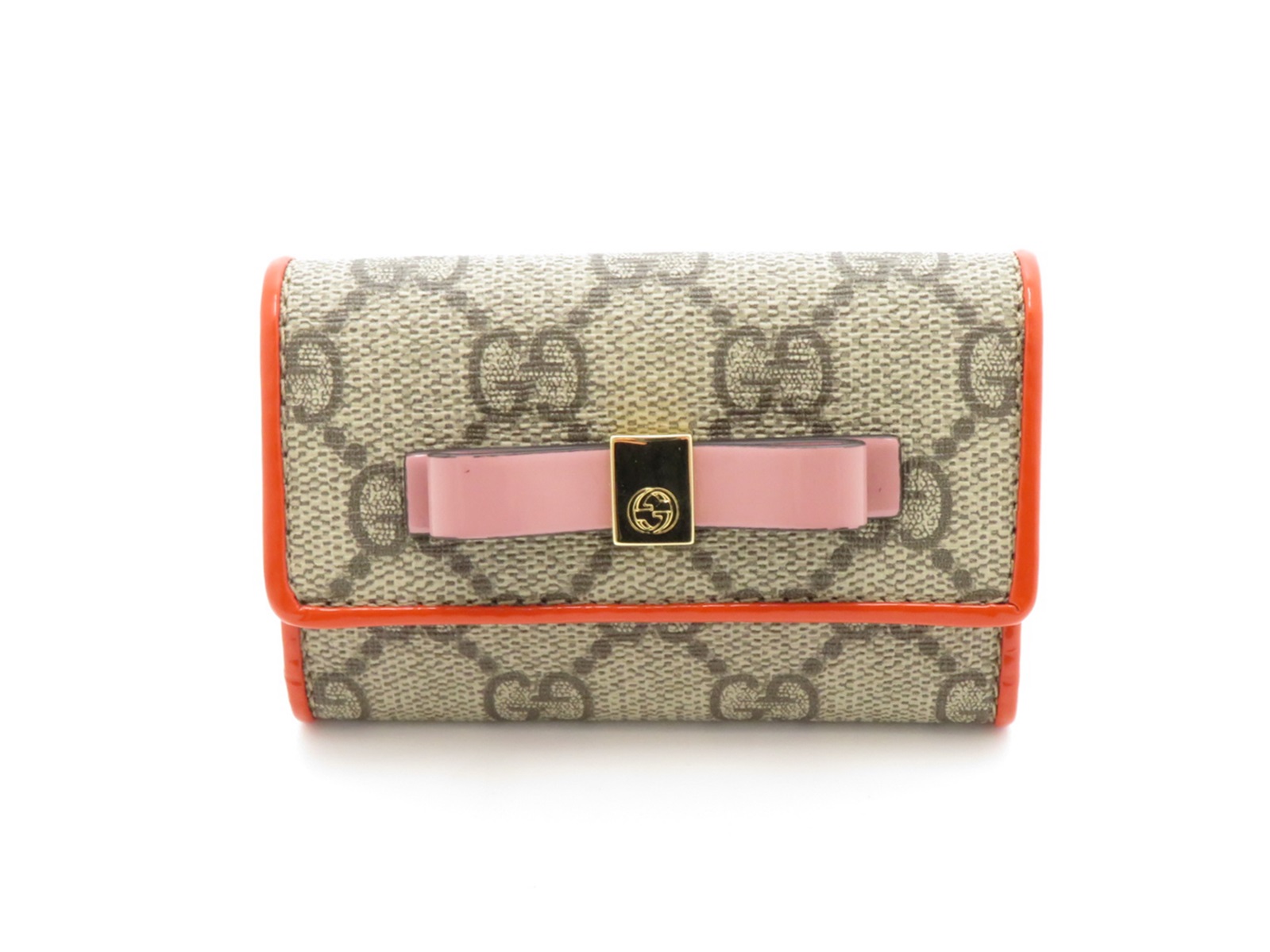 国内直営**GUCCI**GGエンブレム キーケース GGエンブレム〕キーケースベージュ＆ホワイト ファブリック