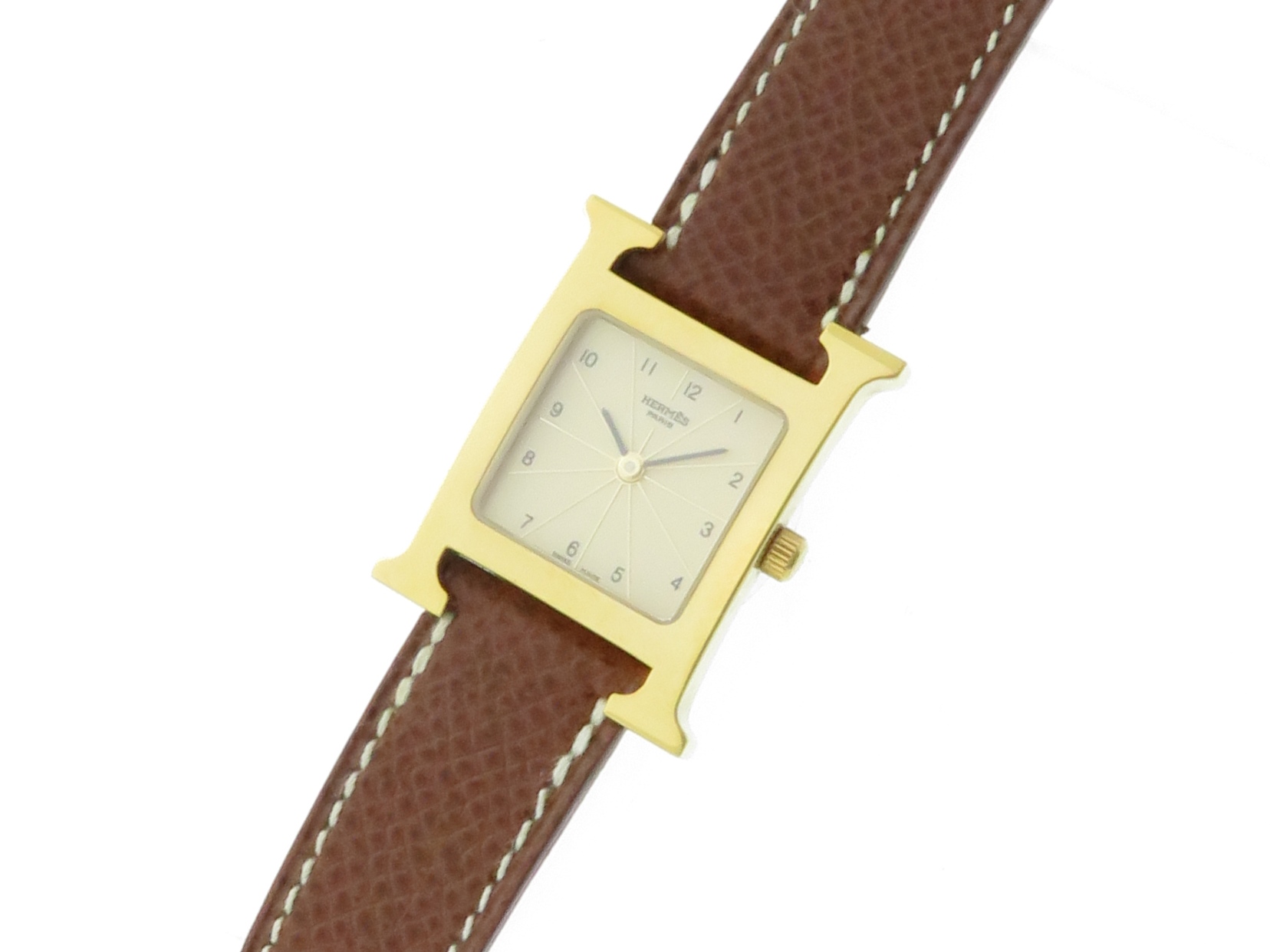 HERMES エルメス Hウォッチ HH1.201 シャンパン文字盤 GP/革ベルト