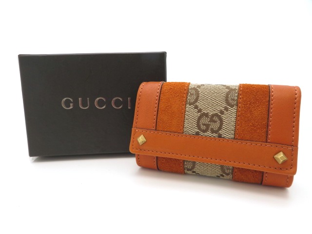 GUCCI グッチ 6連 キーケース オレンジ GGキャンバス レザー スエード