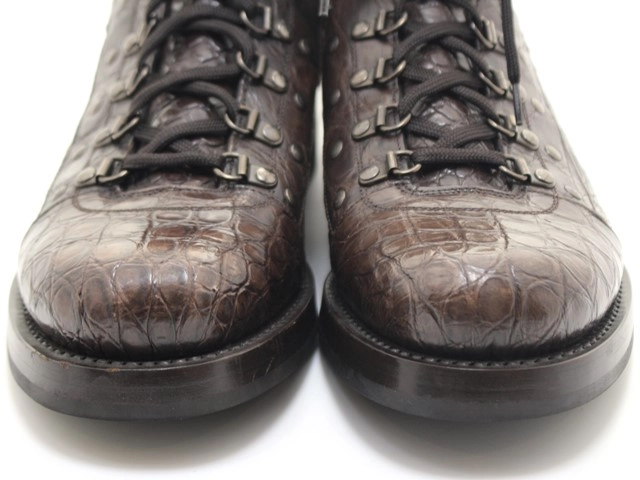 PRADA　プラダ　クロコ型押しレースアップブーツ　メンズ7ハーフ　ダークブラウン　レザー　12T2189 80219C　2120500254487　【432】