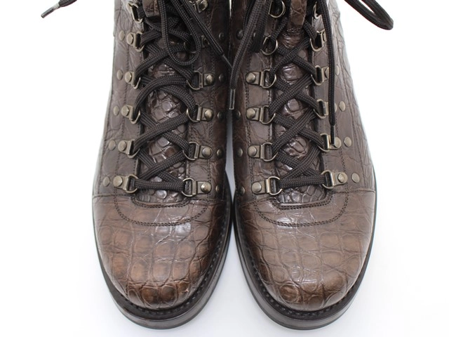 PRADA　プラダ　クロコ型押しレースアップブーツ　メンズ7ハーフ　ダークブラウン　レザー　12T2189 80219C　2120500254487　【432】