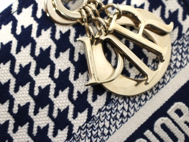 Dior ディオール 千鳥柄 レディーディオール ミディアム ハンドバッグ H0565BZAF M808 ネイビー GP ゴールド金具 2147100503951【471】