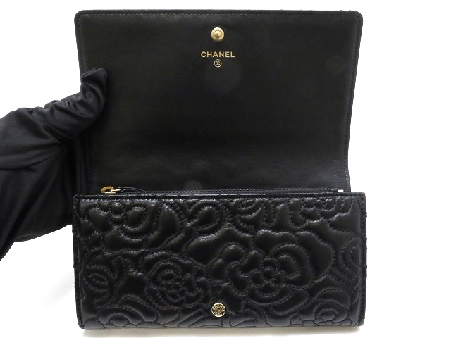 CHANEL シャネル カメリアフラップ長財布 ブラック×GP ラム【430