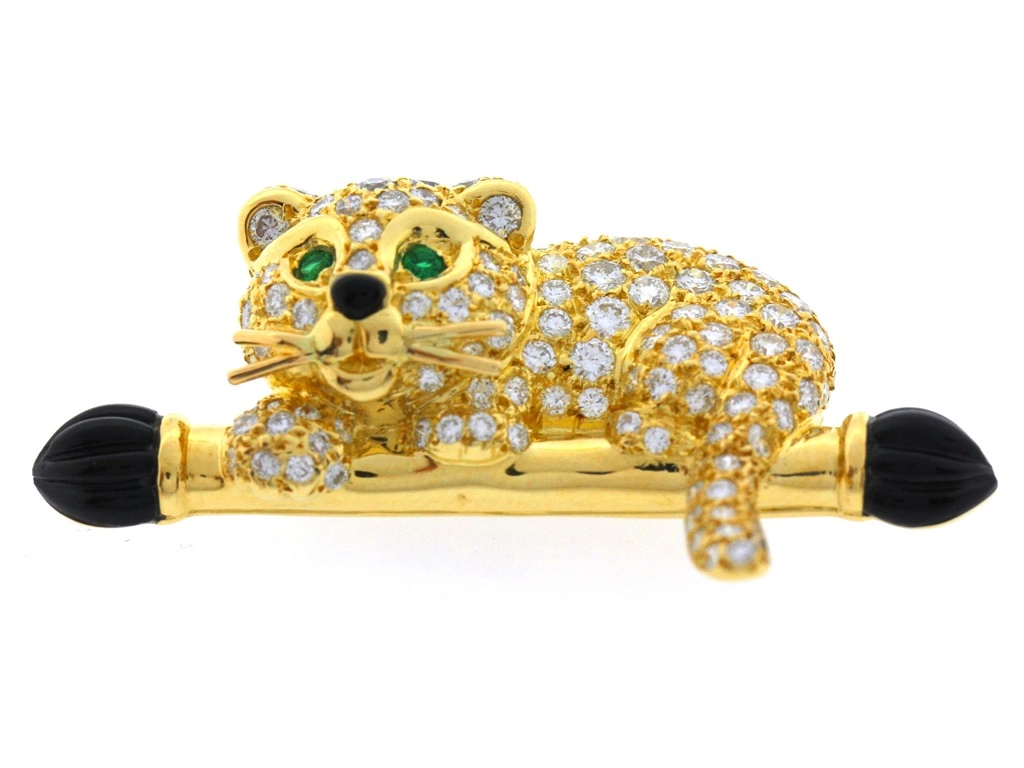 Van Cleef & Arpels ヴァンクリーフ&アーペル アニマルブローチ/K18イエローゴールド/エメラルド/オニキス/ダイヤモンド 重さ約10.8g【472】SJ