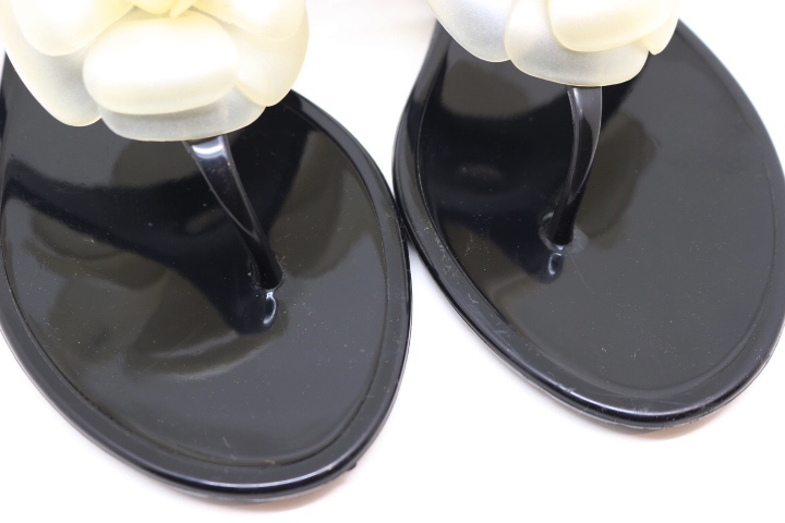 CHANEL シャネル 靴 サンダル レディース38 ブラック カメリア ラバー