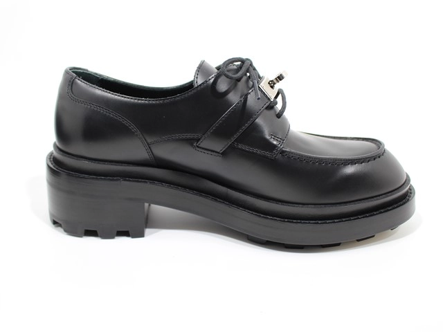 HERMES エルメス ファーストシューズ レディース37ハーフ ブラック/シルバー金具 ヴォー・グラッセ H222072Z 2143000656940 【432】