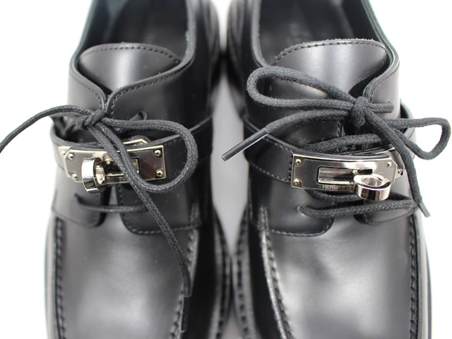 HERMES エルメス ファーストシューズ レディース37ハーフ ブラック/シルバー金具 ヴォー・グラッセ H222072Z 2143000656940 【432】