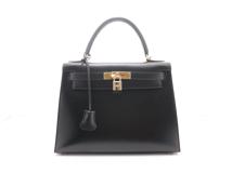 HERMES　エルメス　ケリー28　ブラック　ゴールド金具　ボックスカーフ　口G刻印　2003年製造【471】I