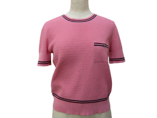 シャネル CHANEL 半袖セーター サイズ38 M ネイビー×白 レディース チェック柄 トップス CHANEL(シャネル) 半袖セーター サイズ38 M レディース - P12942