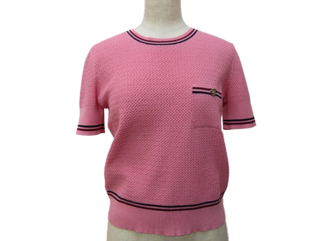 CHANEL　シャネル　半袖ニット　レディース38　ピンク　ポリエステル/シルク　P75440K10809　23AW　2147100479638　【432】