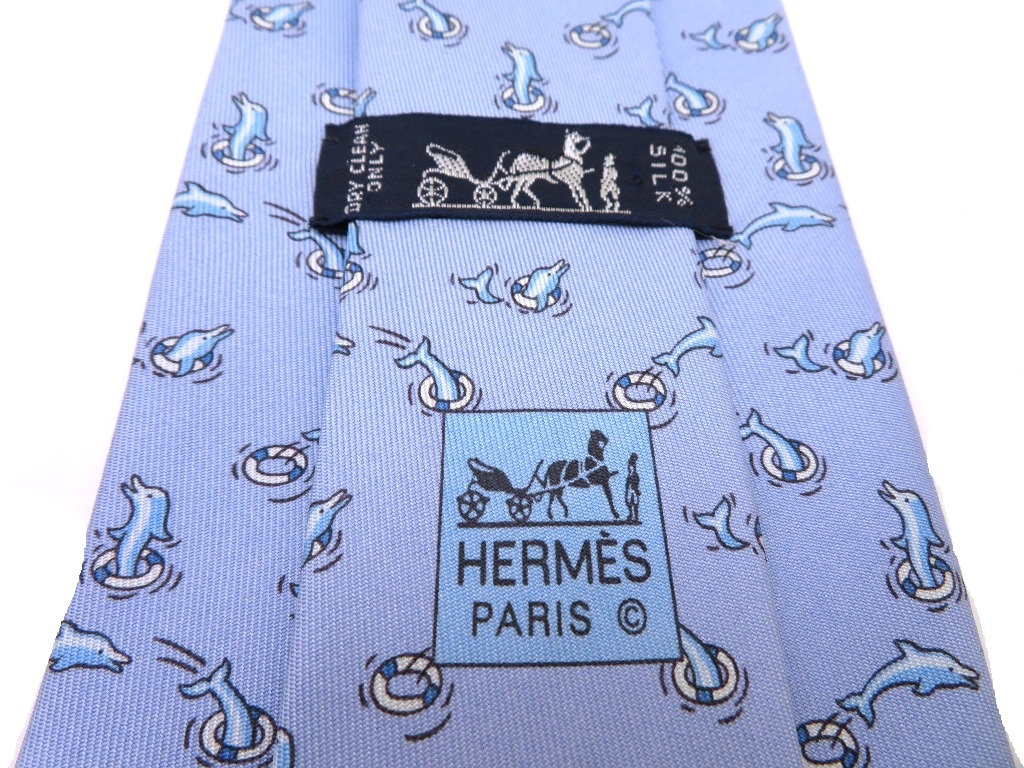 未使用◇HERMES エルメス イルカ柄 ネクタイ シルク ライトブルー 箱付き HERMES エルメス 衣類品 ネクタイ シルク ライトブルー イルカ