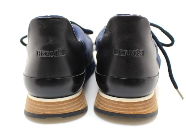 HERMES エルメス 靴 マイルス ローカットスニーカー メンズ41ハーフ ネイビー ブラック ブラウン ファブリック レザー H162357Z (2120500223650) 【200】