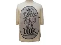 DIOR×Shawn Stussy　ディオール×ショーンステューシー　メッセージニットTシャツ　メンズS　アイボリー/ブラック　シルク　033M633AT376　2143200546331　【432】
