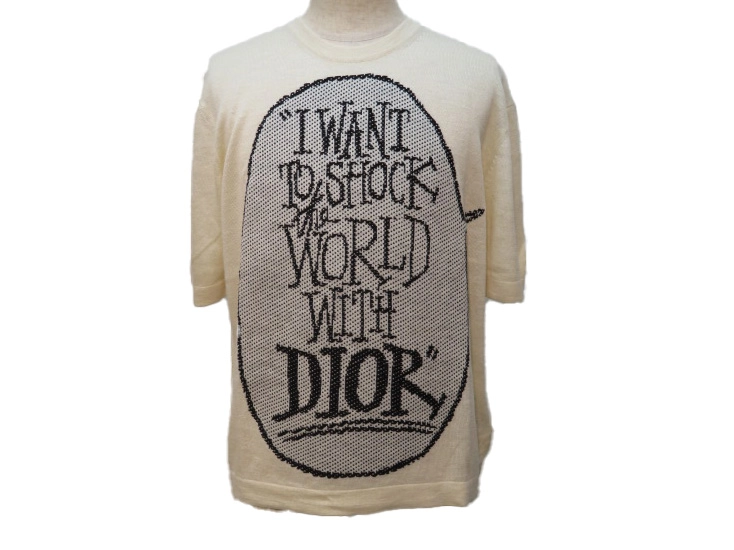 DIOR×Shawn Stussy　ディオール×ショーンステューシー　メッセージニットTシャツ　メンズS　アイボリー/ブラック　シルク　033M633AT376　2143200546331　【432】