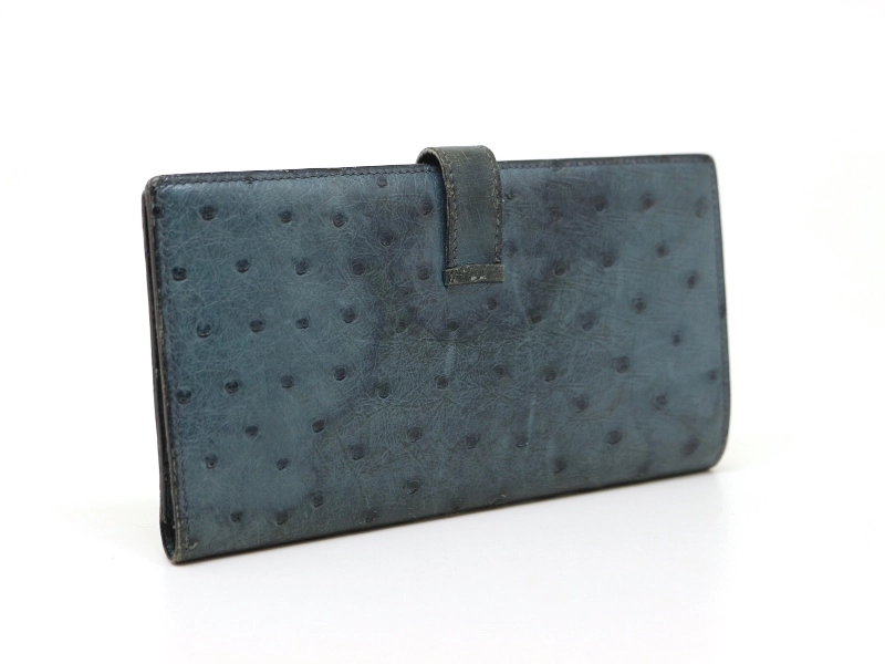 HERMES　エルメス　財布　ベアン二つ折り長財布 ブルー/GP（ゴールド金具）オーストリッチ　○Z刻印（1996年製造）　【200】【中古】【大黒屋】