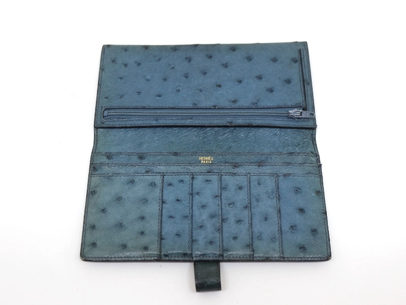 HERMES　エルメス　財布　ベアン二つ折り長財布 ブルー/GP（ゴールド金具）オーストリッチ　○Z刻印（1996年製造）　【200】【中古】【大黒屋】